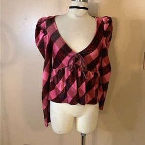 New Anthropologie Maeve Pink Velvet Long sleeve Babydoll Top Shirt blouse Small